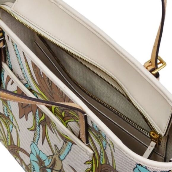 TORY BURCH NATURE PRINTED CANVAS TOTE FLOWERS PALMS BROWN TURQUOISE CREAM - Picture 8 of 12